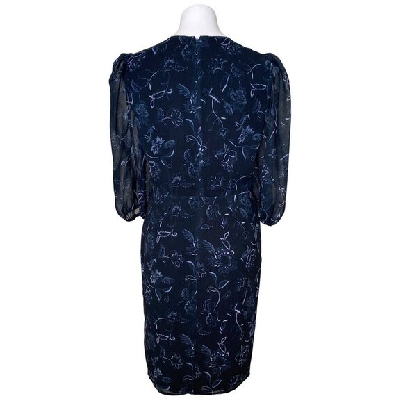 Halogen Navy Floral Wrap Dress, Sheer Puff Sleeves & Tulip Hem Women's Size M - Picture 6 of 10